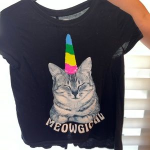 Girls Flip Sequin Unicorn Cat Tee with Slight Split Back!